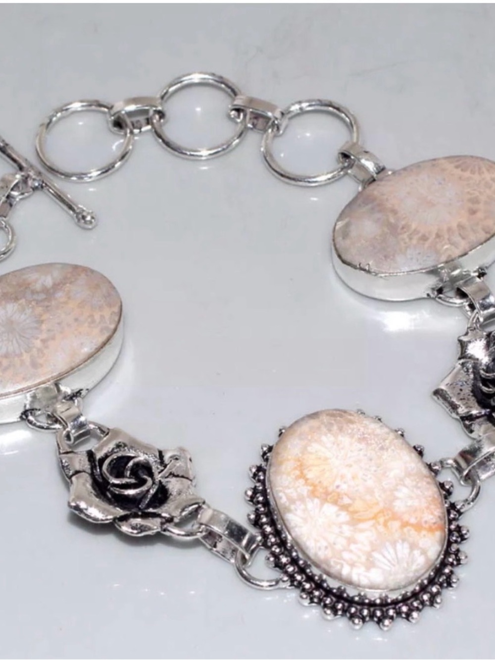 Fossil Coral + Sterling Silver Rose Bracelet